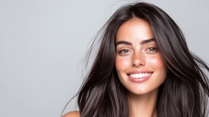 Naklejka premium Young Woman With Shiny Long Hair Smiling Brightly Against A Neutral Background