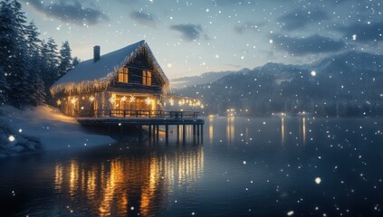 Fototapeta premium Cozy winter cabin by a serene lake, illuminated by warm lights. Snow falling gently