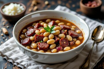 Bowl of Fabada Asturiana, traditional bean stew with chorizo, topped with parsley. Concept of warmth and comfort in Fabada Asturiana served on rustic wooden table.
