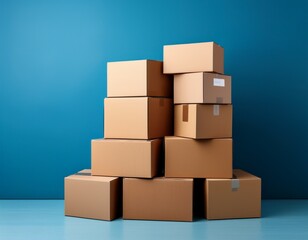 Fototapeta premium a neatly stacked pile of cardboard boxes on a plain blue background symbolizing moving or storage organization copyspace