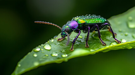 Naklejka premium A vibrant green and purple exotic insect from the rainforest perched on a leaf with dew drops.