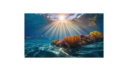 Naklejka premium Vibrant coral reef teeming with life under bright sunlit ocean surface.