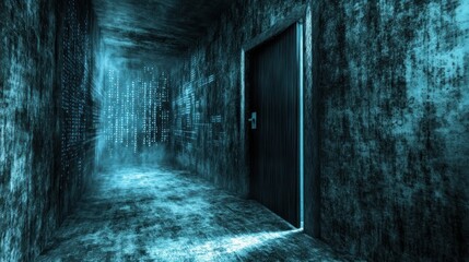 Obraz premium Dark, mysterious hallway with a door at the end.