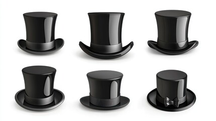Set of formal black top hats with glossy finish on white background.