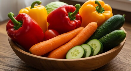 Fresh Vegetables in Wooden Bowl Carrots Peppers and Cucumbers