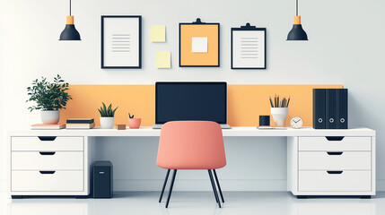 Modern Minimalist Office Desk Workspace Illustration with Computer and Plants