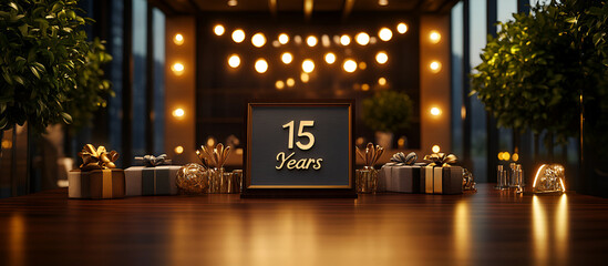 A festive scene with a dark, polished wooden floor, reflecting warm, golden light from numerous string lights overhead and from decorative lamps. In the center, a framed sign reads "15 Years" .