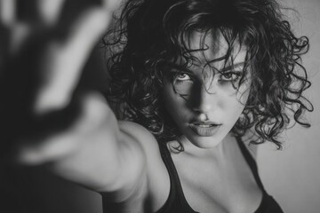 Intense Black and White Portrait of a Woman with Curly Hair Reaching Out