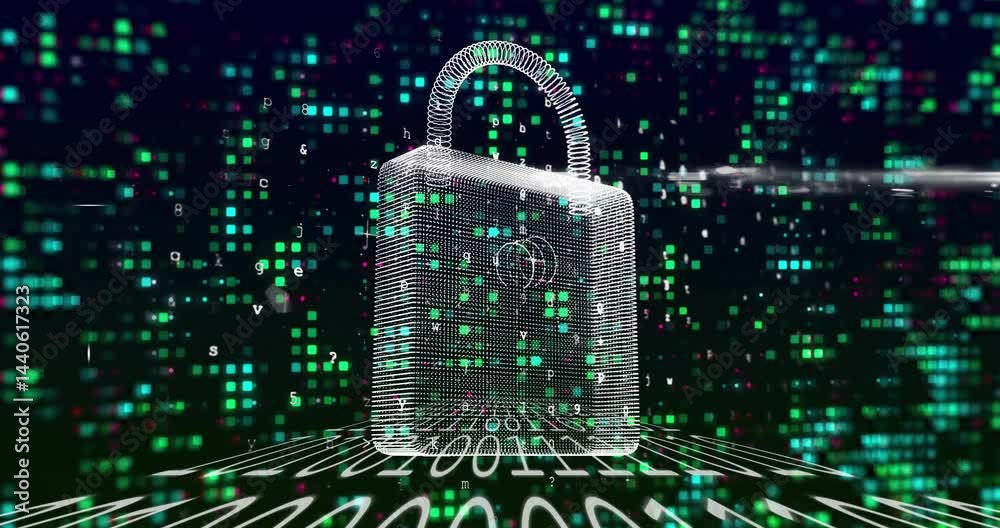Poster 3d wireframe padlock floating above receding binary grid, glowing pixel squares drifting around