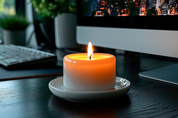 Blackout concept, A white burning candle in close-up on a desk against a computer out of focus in black background