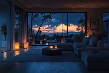 living room without electric light. Inside a modern house during a blackout at night, illuminated only by candles and a few flashlights