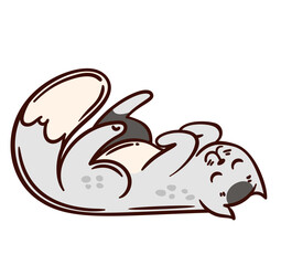 Doodle gray cat lies on back in playful pose. Vector illustration of light gray cheerful cat with closed eyes