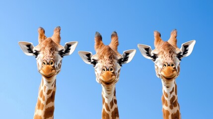Naklejka premium Three Giraffes Smiling, Blue Sky Background