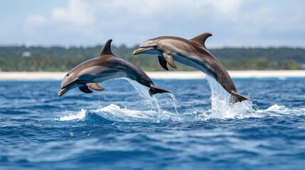 Naklejka premium Two Dolphins Leaping, Ocean Wildlife, Marine Life