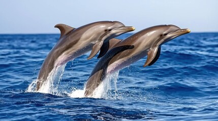 Obraz premium Two Dolphins Leaping, Ocean Wildlife, Marine Life