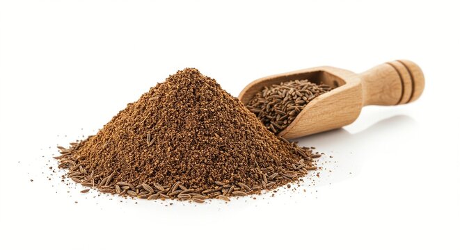 Pile of ground cumin with a wooden scoop filled with cumin seeds next to it.