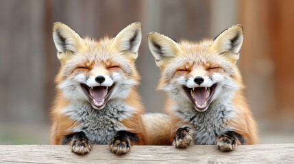 Obraz premium Two Happy Foxes Smiling, Red Fox Closeup