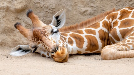 Obraz premium Adorable Giraffe Napping in Sand
