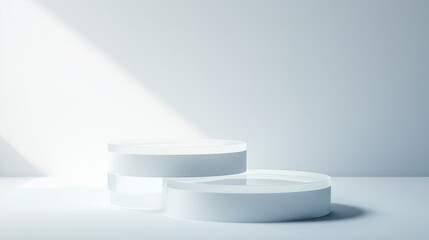 Set of frosted acrylic podiums with layered transparent platforms on white background