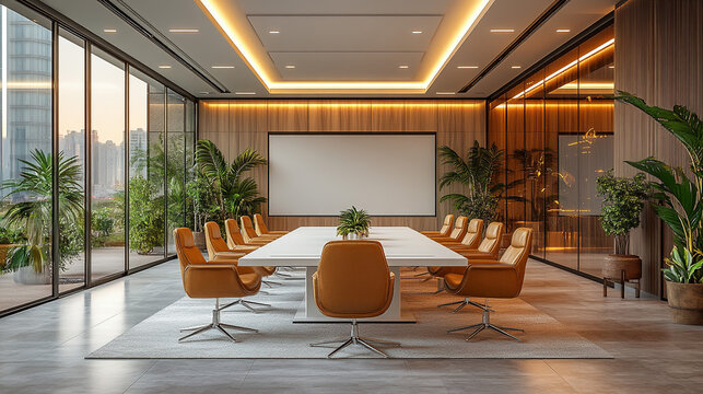 Modern boardroom meeting space, city view, sunset backdrop
