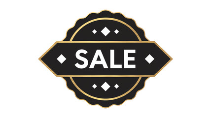 A highly detailed and stylish vector icon of an elegant black and gold sale badge with diamond accents
