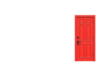 A red door with six panels and a black handle.