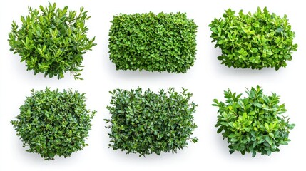 Obraz premium Set of garden bushes with fine-leaved texture and bright green tones on a white background.