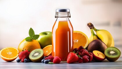 transparent bottle filled with freshly made fruit juice and colorful fruits