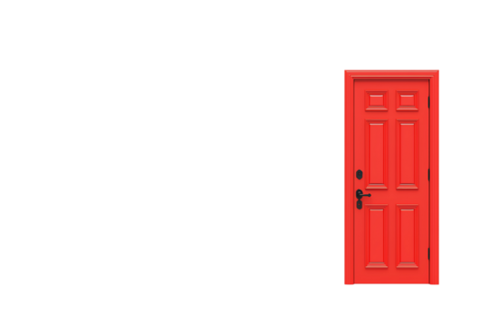 A red door with six panels and a black handle.