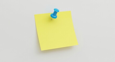 A yellow square sticky note is attached to a plain white surface with a blue push pin.