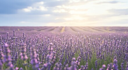 Fototapeta premium Lavender Field in Bloom at Sunset with Soft Sky