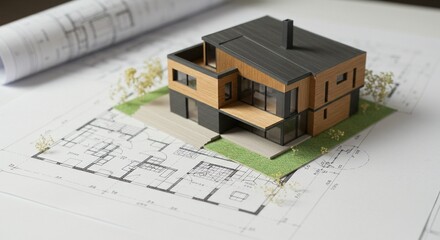 Architectural model of modern house on blueprints depicting innovation and design.