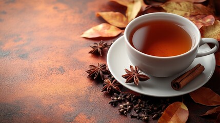 Cup of tea with cinnamon sticks and star anise on rustic background.