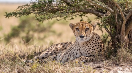 Fototapeta premium Serengeti Cheetah Resting Under Acacia, Intense Gaze