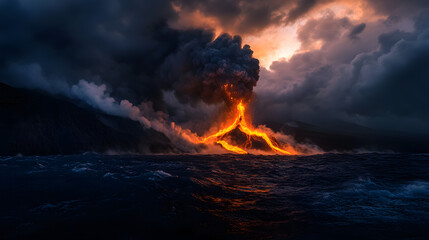 Fototapeta premium A volcanic eruption sends streams of lava down into the sea, with enormous clouds of steam rising as the red-hot lava cools in the cold water, glowing with bright orange light.