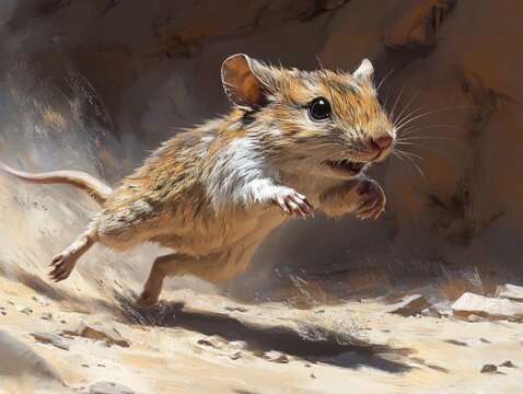 Agile Desert Rodent Leaps Through Arid Landscape: A Study in Speed and Adaptability, capturing the essence of a quick-witted animal's survival in its natural habitat.