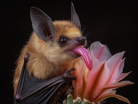 A nectar-feeding bat delicately extracts nectar from a pale pink cactus flower, its long tongue extended against a stark black background. A remarkable display of nature's symbiotic relationships.
