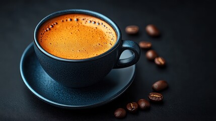 Cup of coffee with coffee beans on a dark surface.