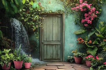 Fototapeta premium Lush garden surrounds aged wooden door.