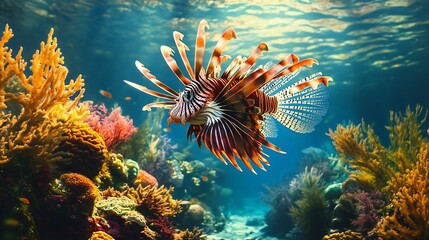 Obraz premium Lionfish hovering near coral underwater reef dramatic fins extended amidst aquatic vegetation coral formations gently swaying ocean tide vivid underwater view cut out isolated transparent background