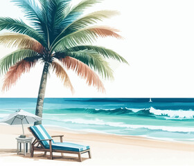 Tropical sandy beach with beach chair .Ocean beach landscape . Holiday and summer vacation concept . Vector seascape with palm trees. Seashore background.