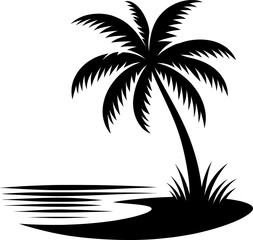 Palm tree black outline icon.Tropical sandy beach .Ocean beach landscape flat black icon . Holiday and summer vacation concept . Vector seascape with palm trees. Seashore background.