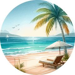 Obraz premium Tropical sandy beach with beach chair .Ocean beach landscape . Holiday and summer vacation concept . Vector seascape with palm trees. Seashore background.