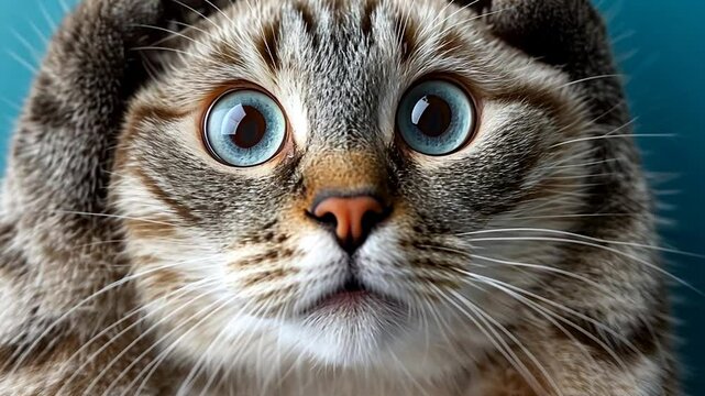 Startled cat  Big eyes, paws up, fur, blue background, funny pose