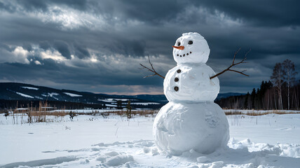 Obraz premium A happy cartoon snowman with a hat and scarf celebrates the winter holiday season in a snowy landscape