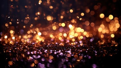 Shimmering golden and purple bokeh lights create a magical, festive atmosphere. Perfect for holiday or celebration backgrounds.