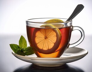 a cup of tea with a spoon and a lemon slice in it