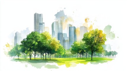 Obraz premium Watercolor City Park Lush Green Trees and Modern Buildings Under Bright Sunlight