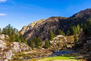 Ars River in Spring from the Plateau above the Waterfall in Haut-Couserans, Ari&egrave;ge