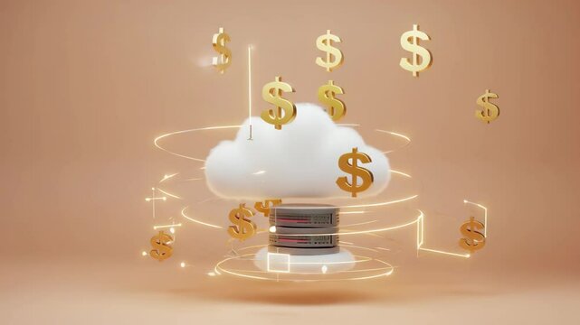 A digital cloud hovers above servers with floating gold dollar signs, symbolizing cloud computing and financial technology.